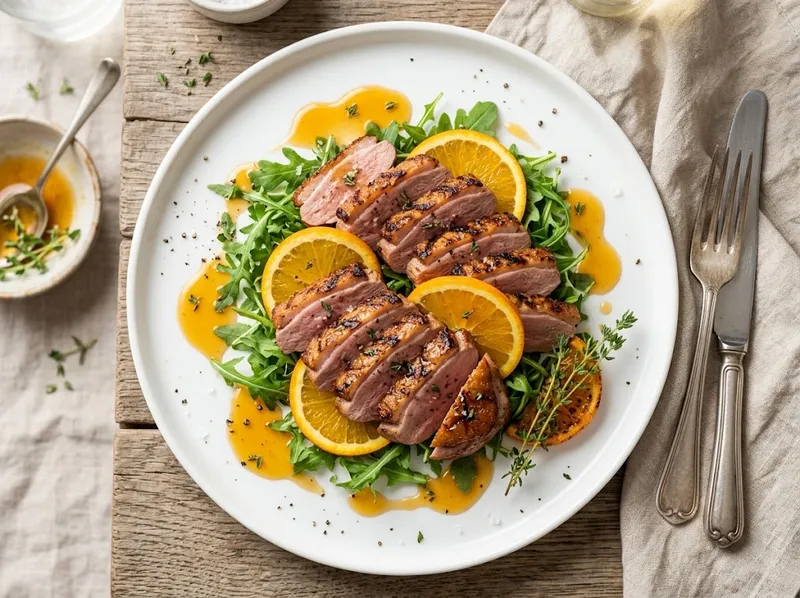Gegrillte Entenbrust mit Honig-Orangen-Glasur und Rucola