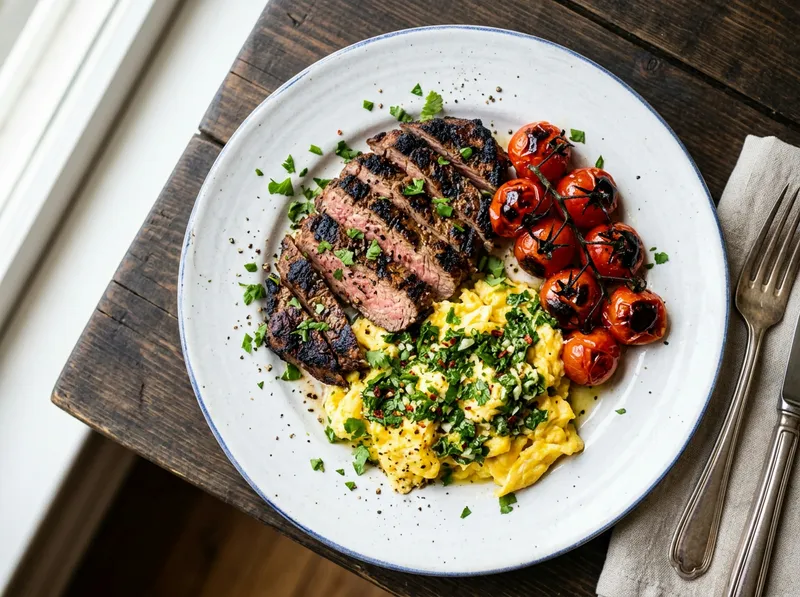 Gegrillte Frühstücks-Steaks mit Chimichurri-Rührei und gerösteten Tomaten