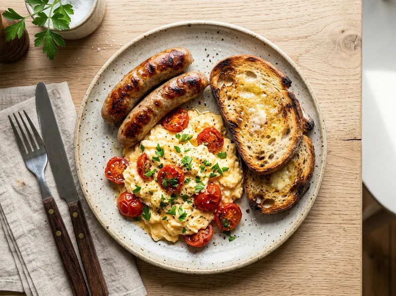 Gegrillte Frühstücks-Bratwurst mit Tomaten-Rührei und Kräutern