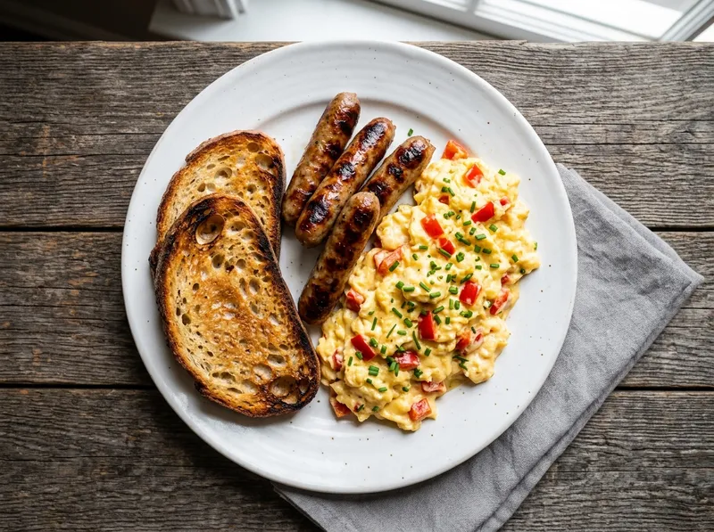 Gegrillte Frühstücks-Bratwürste mit Paprika-Rührei und geröstetem Sauerteigbrot