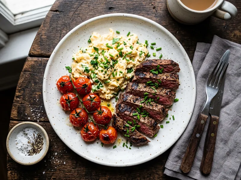 Gegrillte Frühstücks-Steakstreifen mit Kräuter-Rührei und Tomaten