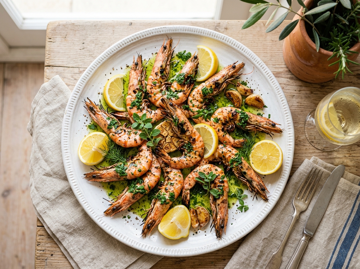 Gegrillte Gambas mit Knoblauch-Petersilien-Öl und Zitrone