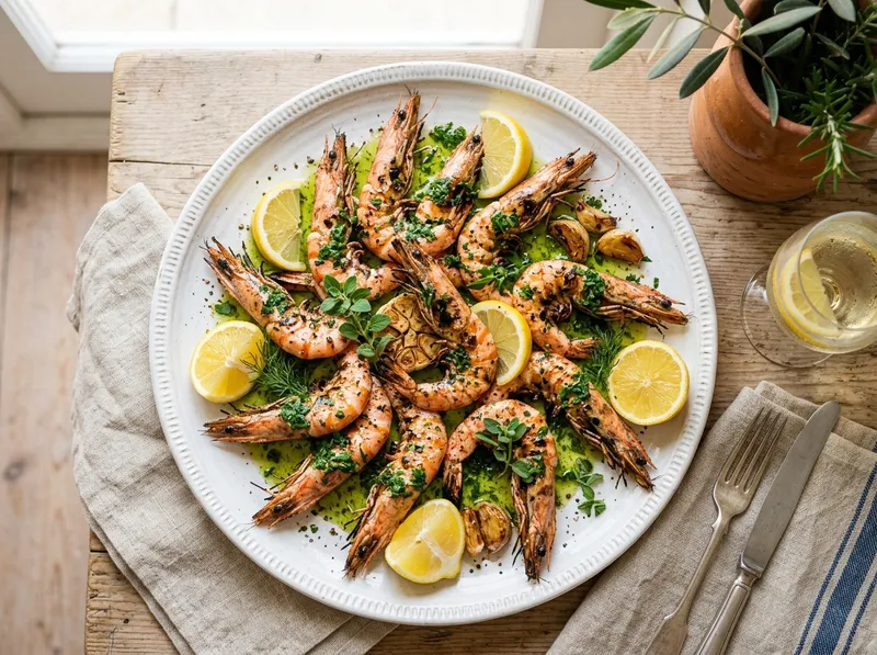 Gegrillte Gambas mit Knoblauch-Petersilien-Öl und Zitrone