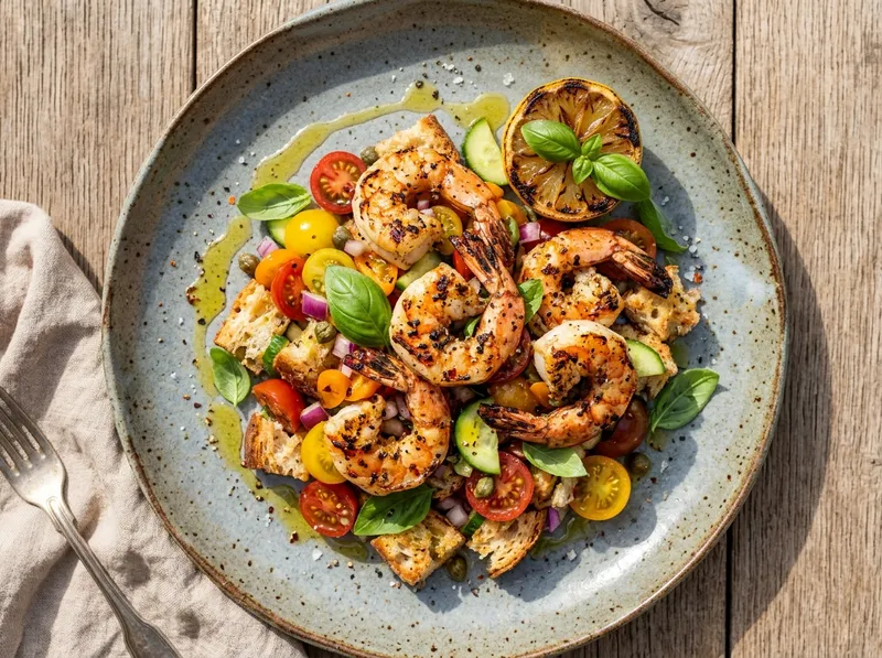 Gegrillte Gambas mit Zitronen-Oregano-Marinade und Tomaten-Brot-Salat