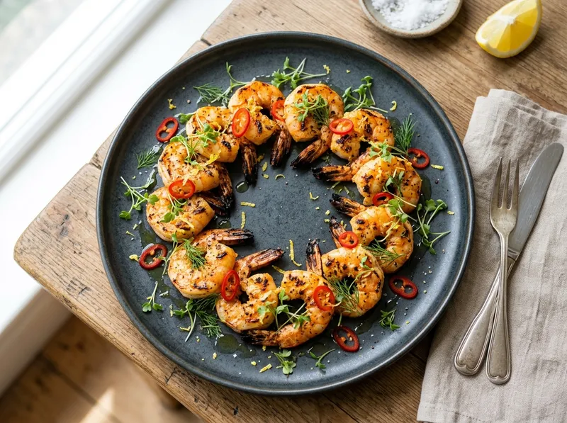 Gegrillte Garnelen mit Zitronen-Chili-Marinade und frischer Kresse