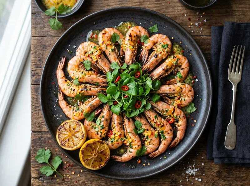 Gegrillte Garnelen mit Zitrus-Chili-Butter und frischer Kresse
