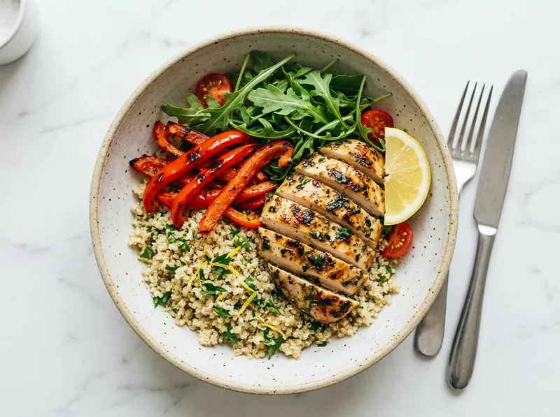 Gegrillte Hähnchenbrust mit Quinoa-Rucola-Bowl und gerösteten Paprikastreifen