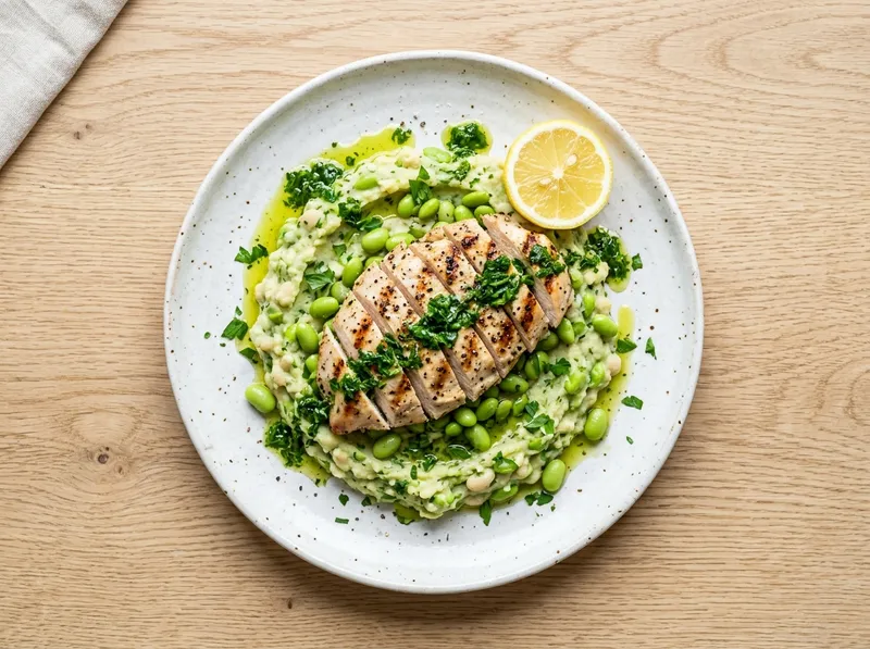 Gegrillte Hähnchenbrust mit weißen Bohnen-Edamame-Stampf und Zitronen-Petersilien-Öl