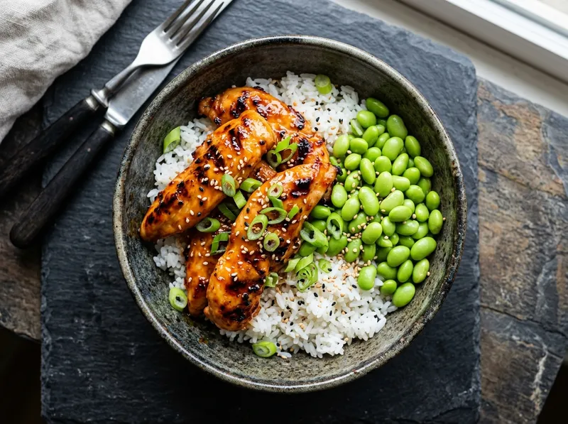 Gegrillte Haehnchenbruststreifen mit Sriracha-Honig-Glasur und Edamame-Bowl