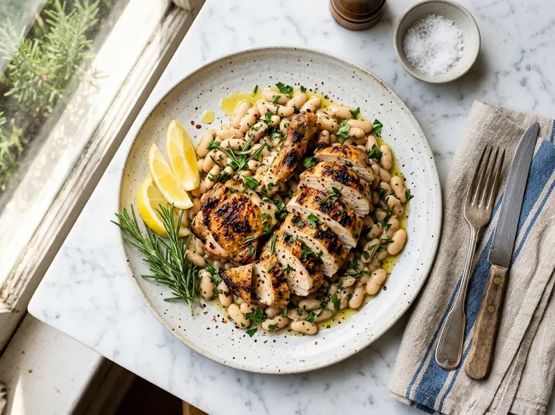 Gegrillte Hähnchenbrust mit Cannellini-Bohnen und Zitronen-Rosmarin-Gremolata