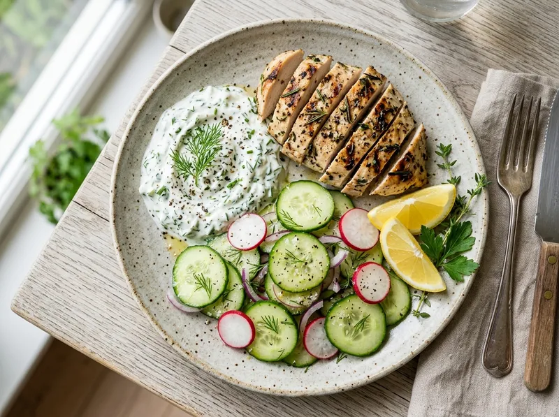 Gegrillte Hähnchenbrust mit Kräuter-Quark und Gurken-Radieschen-Salat