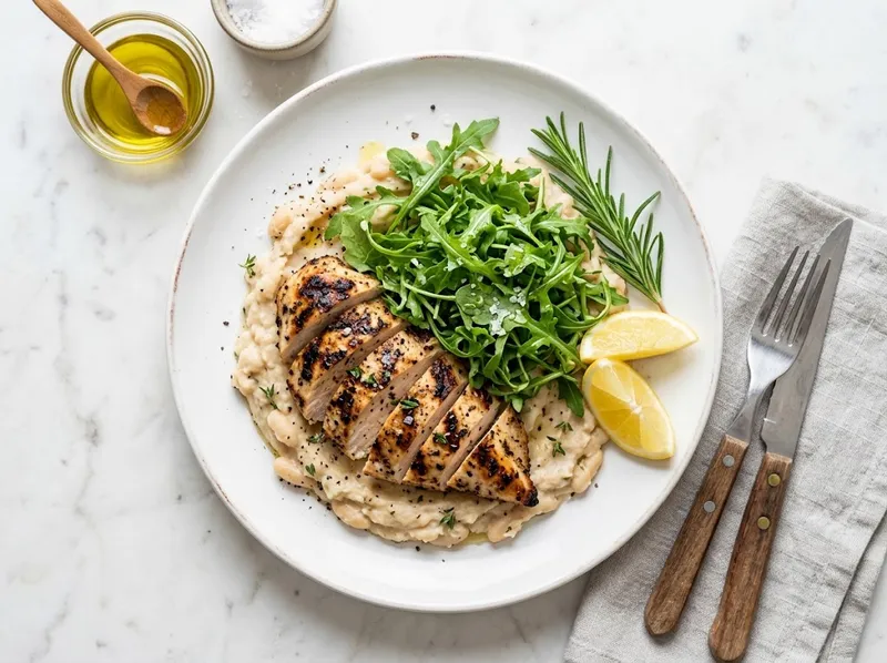 Gegrillte Hähnchenbrust mit Zitronen-Bohnen-Stampf und frischem Rucola