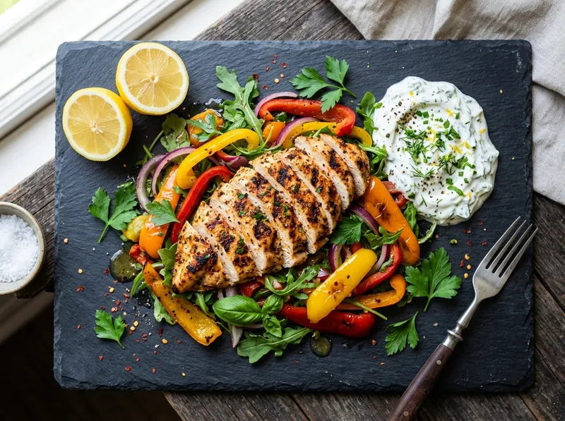 Gegrillte Hähnchenbrust mit Zitronen-Kräuter-Joghurt und knackigem Paprika-Salat