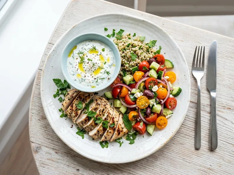 Gegrillte Hähnchenbrust mit Zitrus-Kräuter-Quark und knackigem Gurken-Tomaten-Salat