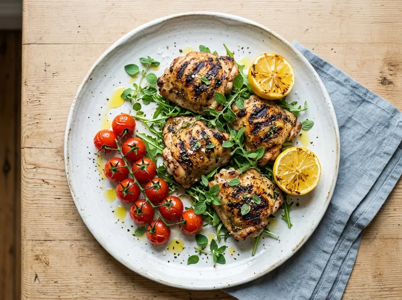 Gegrillte Hähnchenschenkel mit Zitrus-Oregano-Marinade und Kirschtomaten
