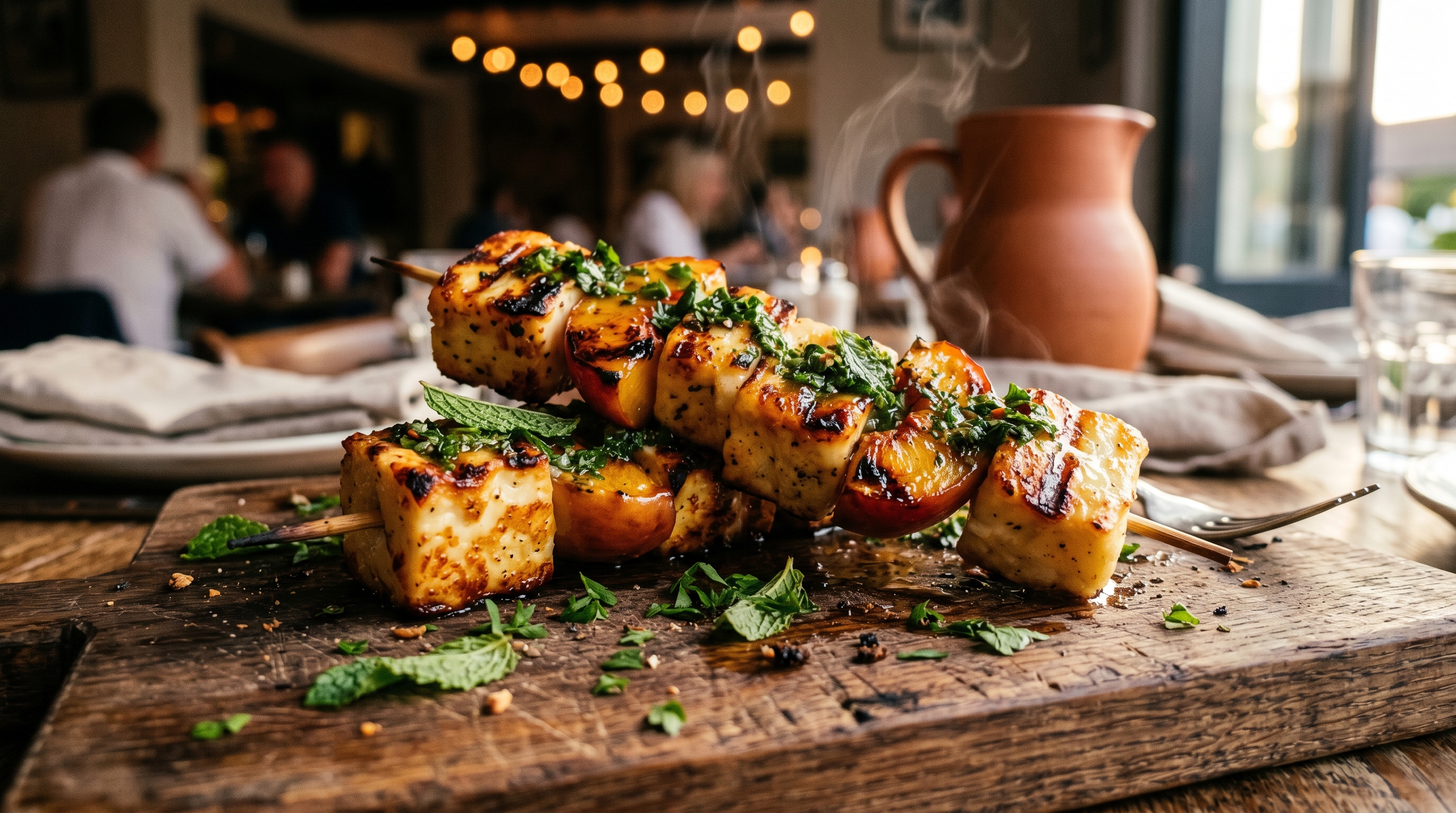 Gegrillte Halloumi-Spieße mit Pfirsich und Minz-Chimichurri