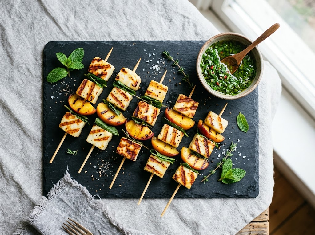 Gegrillte Halloumi-Spieße mit Pfirsich und Minz-Chimichurri