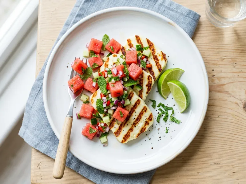 Gegrillte Halloumi-Steaks mit Wassermelonen-Salsa und Minz-Limetten-Dressing