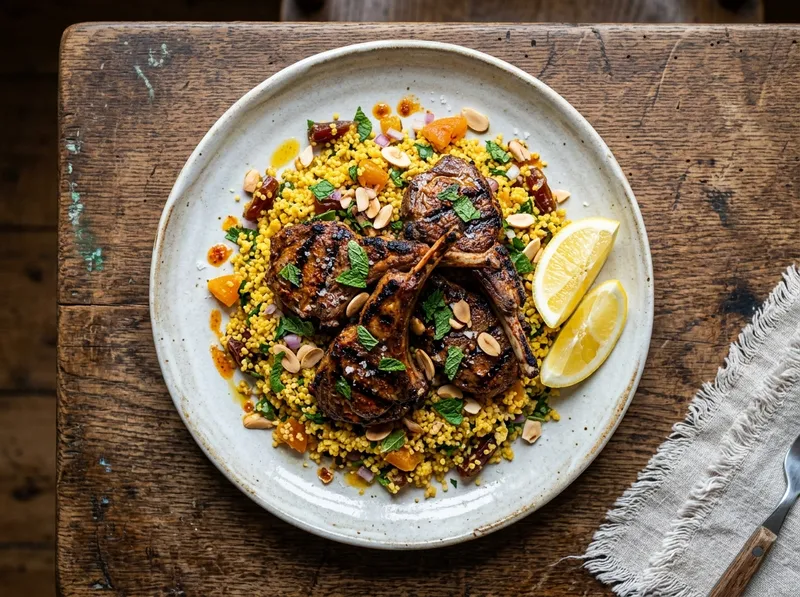 Gegrillte Harissa-Lammkoteletts mit Dattel-Aprikosen-Couscous
