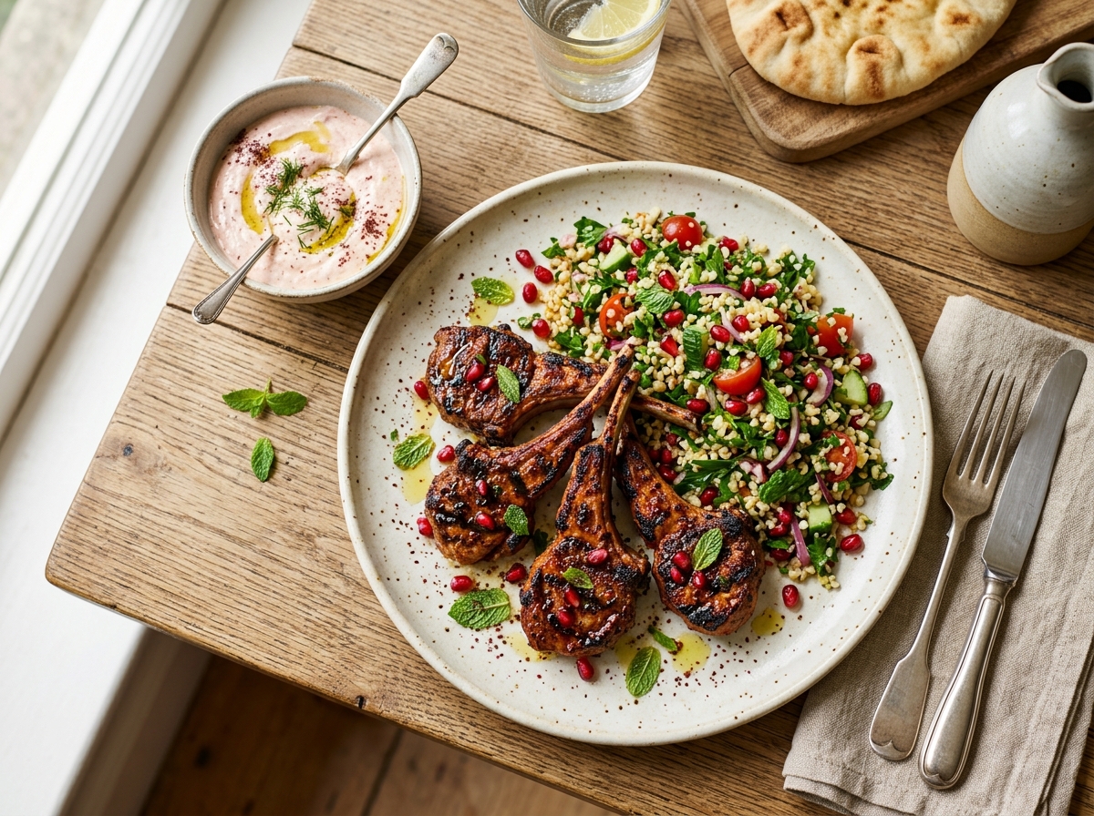 Gegrillte Harissa-Lammkoteletts mit Minz-Granatapfel-Tabbouleh
