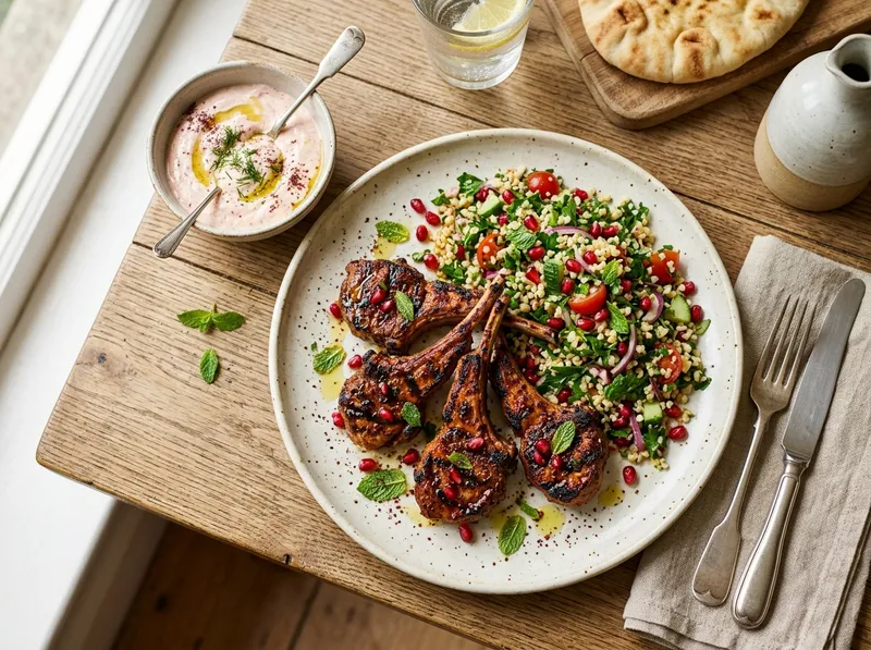 Gegrillte Harissa-Lammkoteletts mit Minz-Granatapfel-Tabbouleh