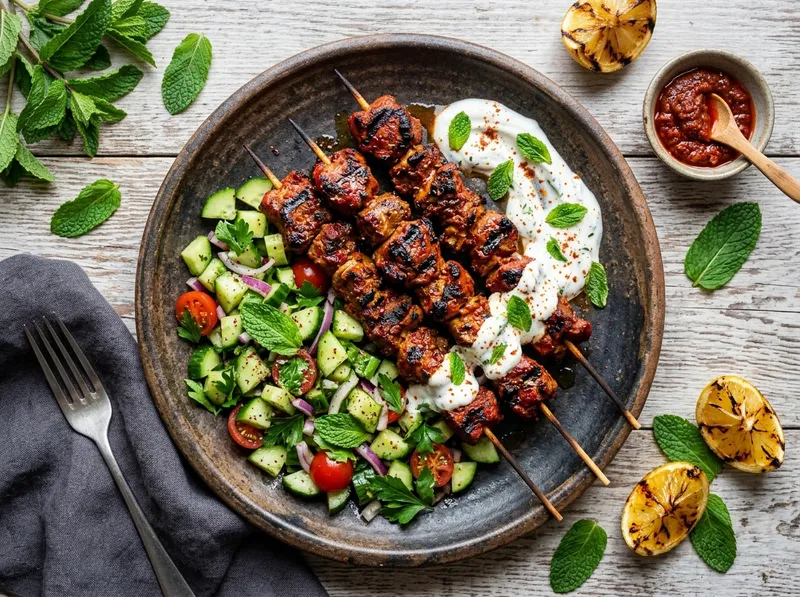 Gegrillte Harissa-Lammspieße mit frischem Gurken-Minz-Salat