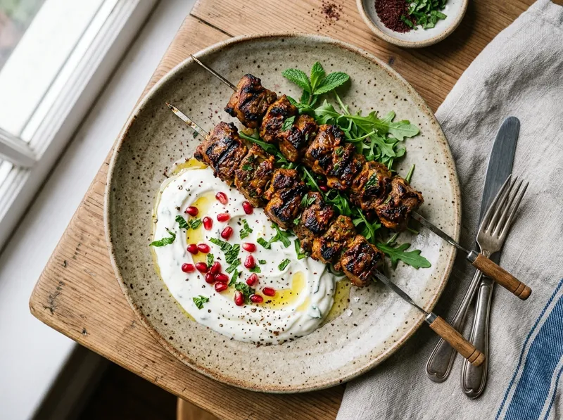 Gegrillte Harissa-Lammspieße mit Minz-Joghurt und Granatapfel
