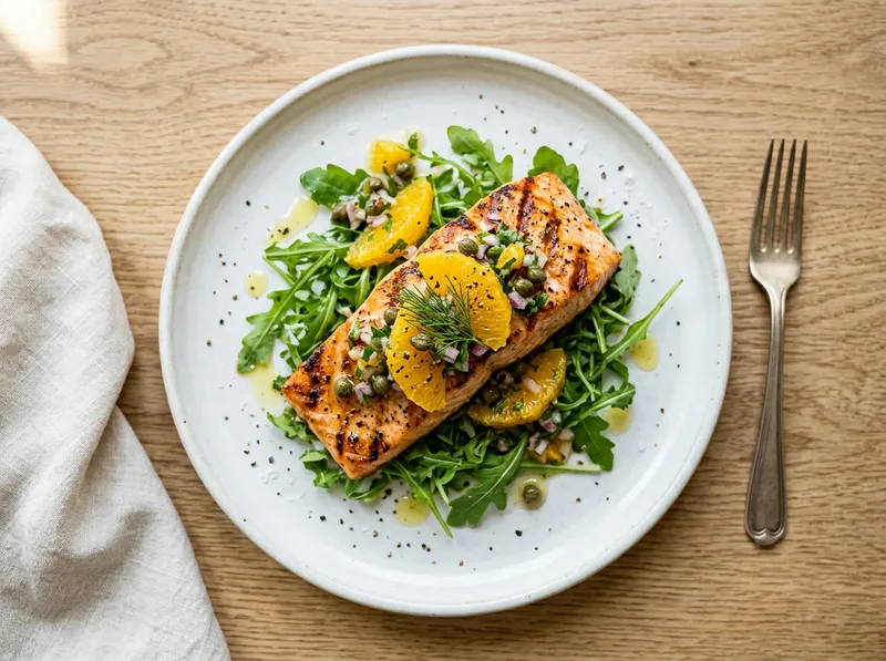 Gegrillte Lachsfilets mit Orangen-Kapern-Salsa und Rucola