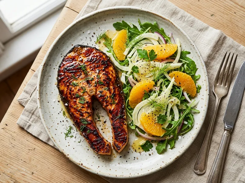 Gegrillte Lachssteaks mit Honig-Senf-Kruste und Fenchel-Orangen-Salat
