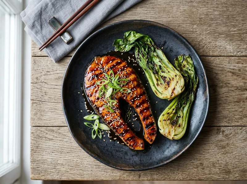 Gegrillte Lachssteaks mit Teriyaki-Ingwer-Glasur und knackigem Pak Choi