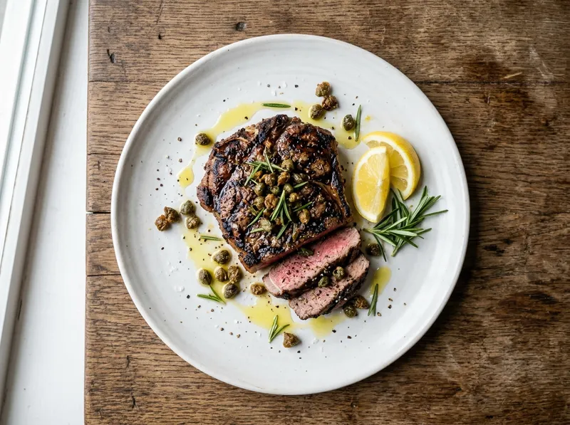 Gegrillte Lammhüfte mit Rosmarinsalz und gebratenen Kapern
