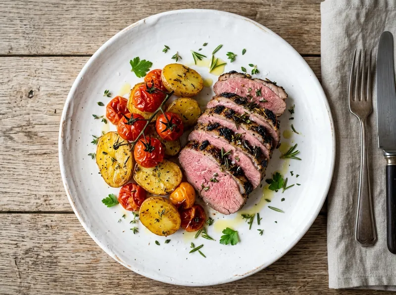 Gegrillte Lammkeule mit Rosmarin-Knoblauch-Kruste und gerösteten Tomaten