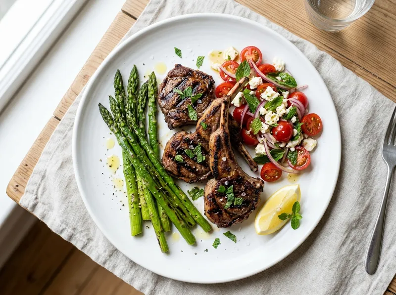 Gegrillte Lammkoteletts mit Minz-Feta-Salat und gegrilltem Spargel