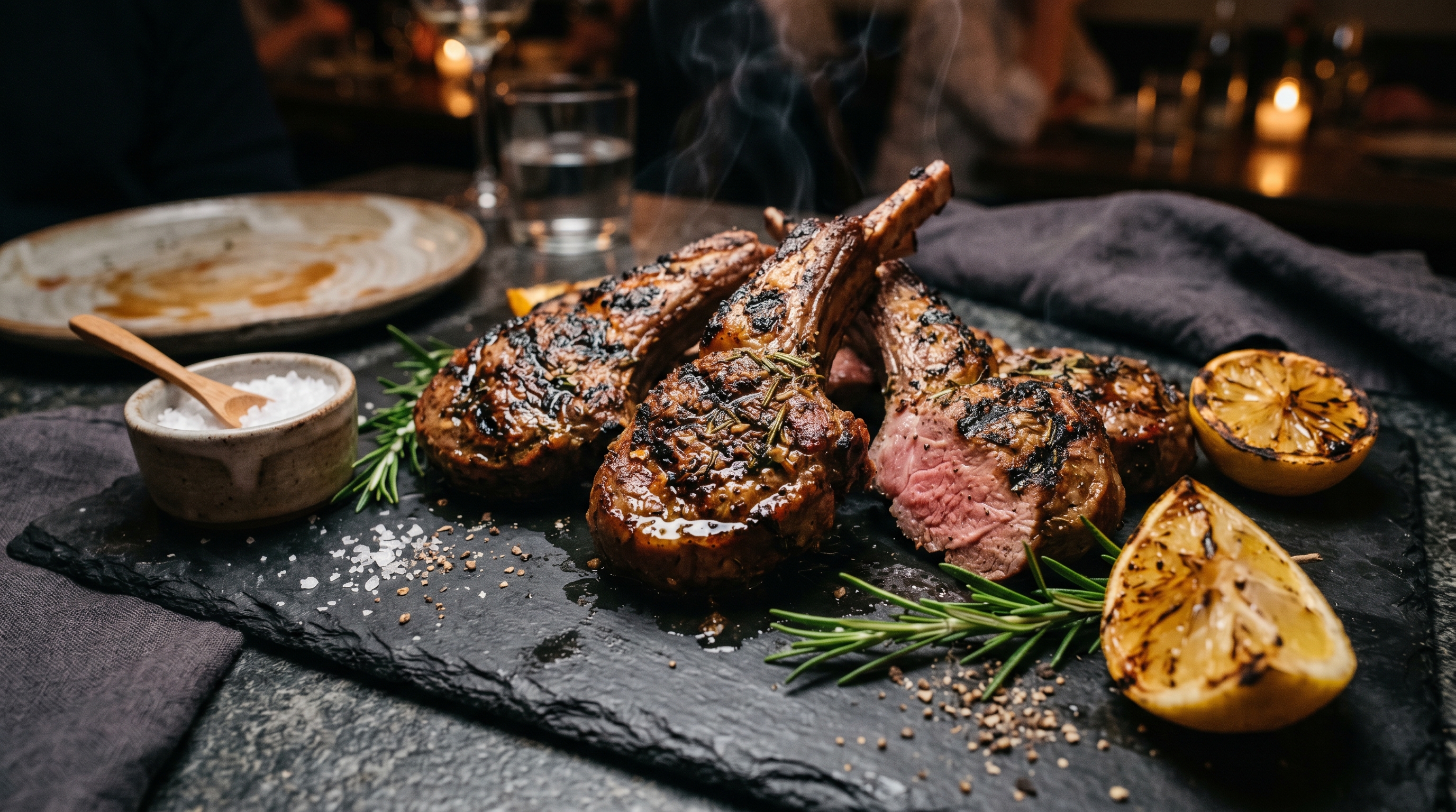 Gegrillte Lammkoteletts mit Rosmarin-Knoblauch-Kruste und Zitrone
