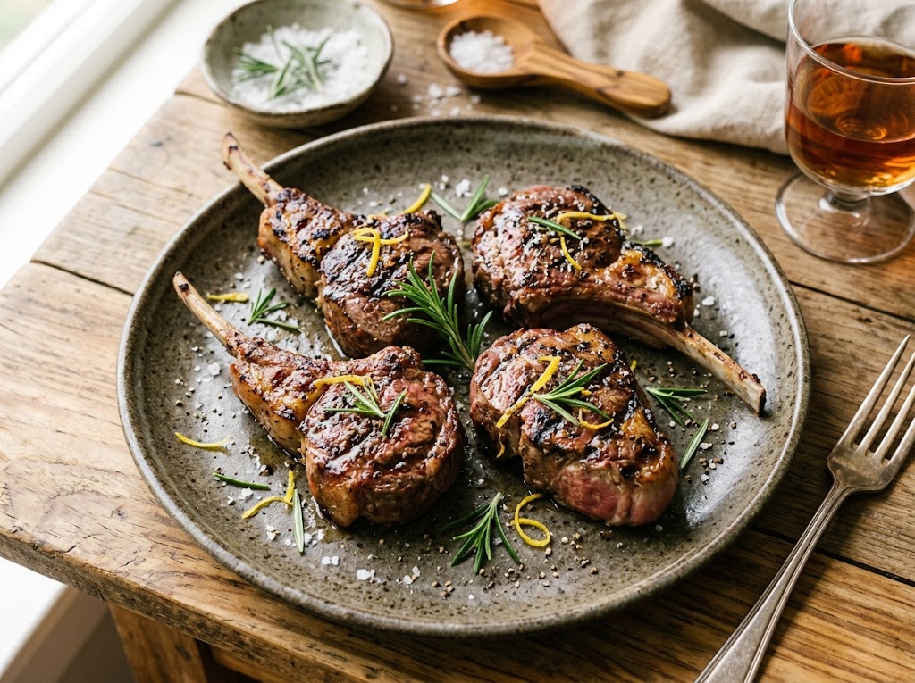Gegrillte Lammkoteletts mit Rosmarin-Knoblauch-Kruste und Zitrone