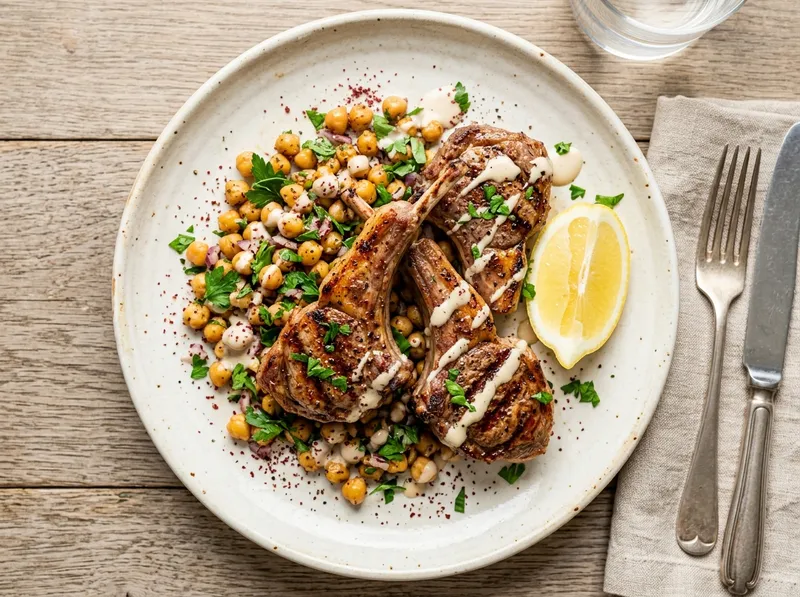 Gegrillte Lammkoteletts mit Tahini-Kreuzkümmel-Marinade und Sumach-Kichererbsen