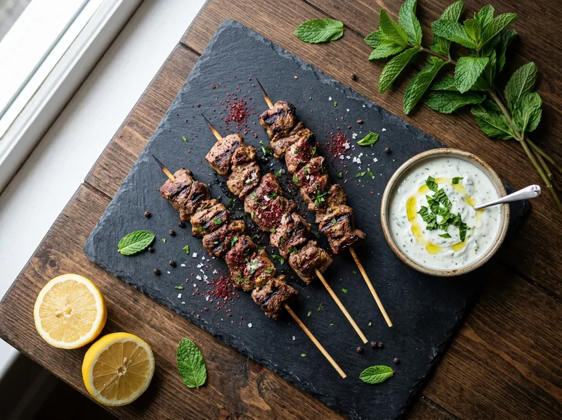 Gegrillte Lammspieße mit Zitrus-Sumach-Marinade und Minzjoghurt