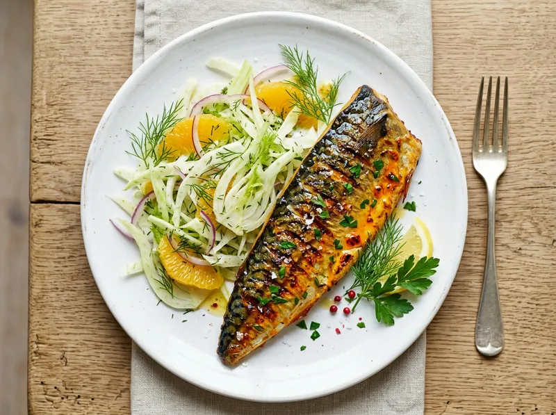 Gegrillte Makrele mit Zitrus-Senf-Glasur und Fenchelstreifen