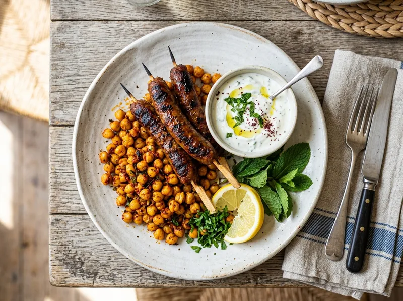 Gegrillte Merguez-Spiesse mit Harissa-Kichererbsen und Minz-Joghurt