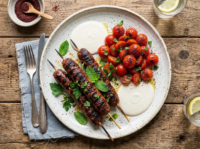 Gegrillte Merguez-Spiesse mit Sumach-Tomaten und Minz-Tahini