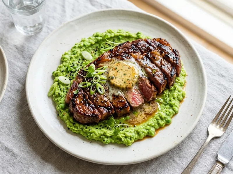 Gegrillte Miso-Butter Rindersteaks mit Wasabi-Erbsen-Stampf