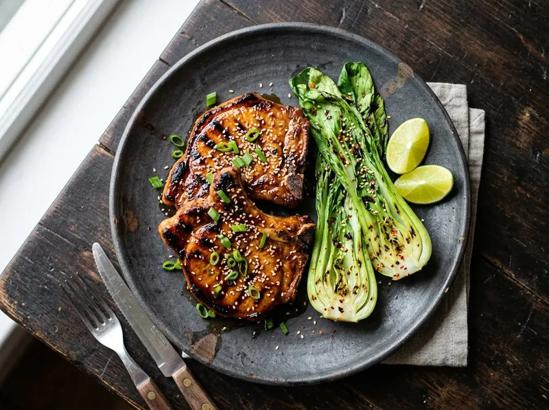 Gegrillte Miso-Honig Schweinekoteletts mit Pak Choi