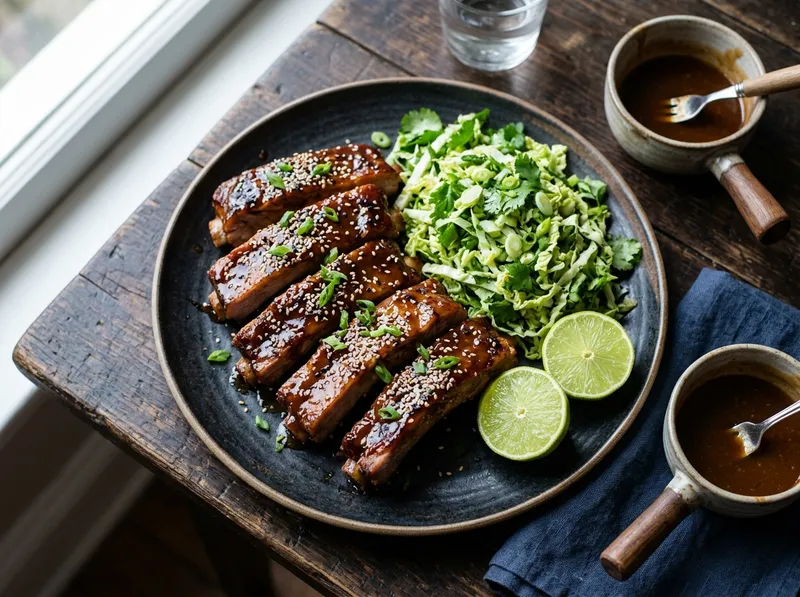 Gegrillte Miso-Ingwer-Schweinerippchen mit Koriander-Limetten-Salat