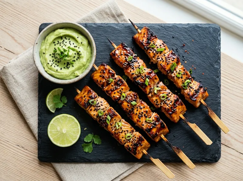 Gegrillte Miso-Lachs-Spieße mit Wasabi-Avocado-Dip