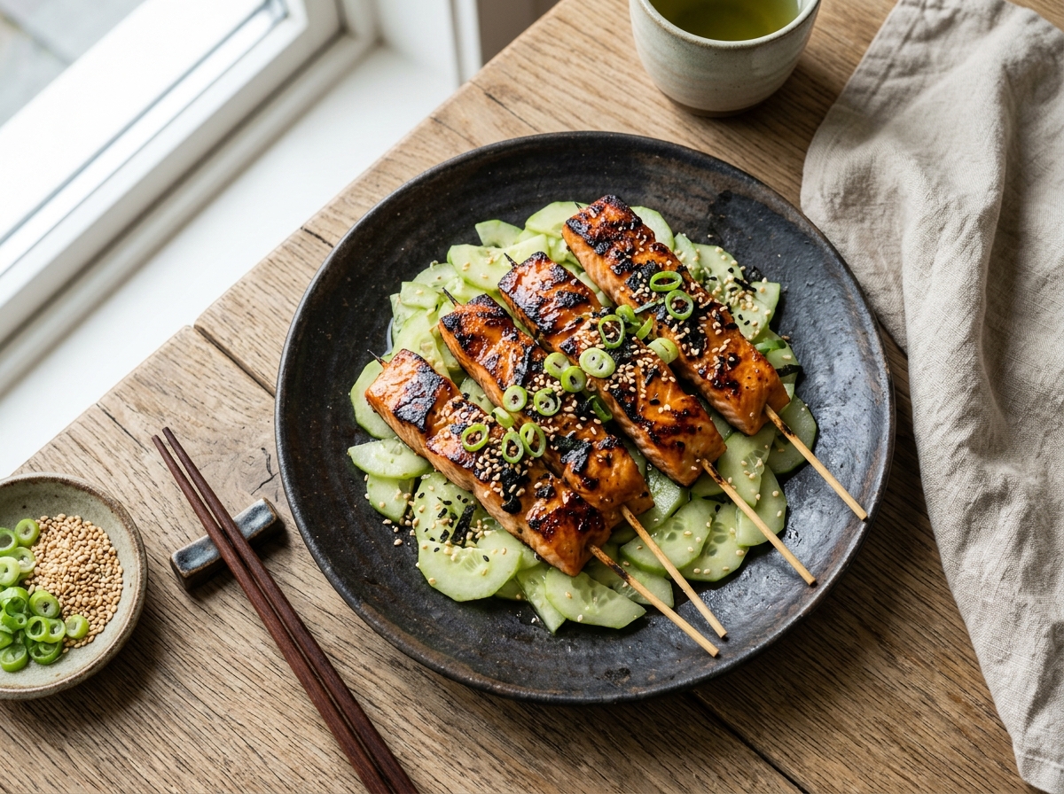 Gegrillte Miso-Lachs-Spieße mit Wasabi-Gurken-Salat