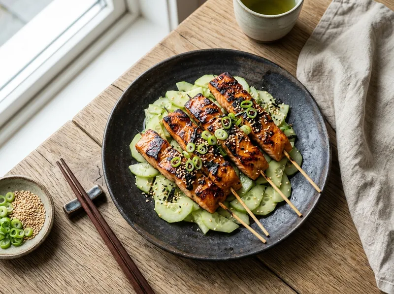 Gegrillte Miso-Lachs-Spieße mit Wasabi-Gurken-Salat