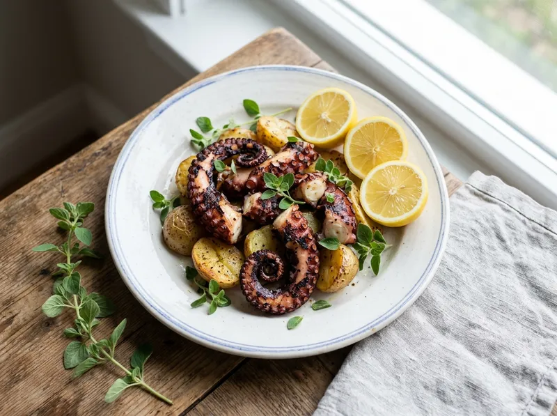 Gegrillte Oktopus-Tentakel mit Zitronen-Oregano und Knoblauch-Kartoffeln