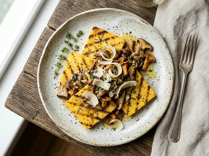 Gegrillte Polenta-Scheiben mit Pilz-Ragout und Parmesankruste