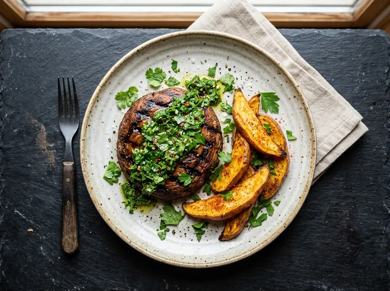 Gegrillte Portobello-Steaks mit Chimichurri und Süßkartoffel-Wedges