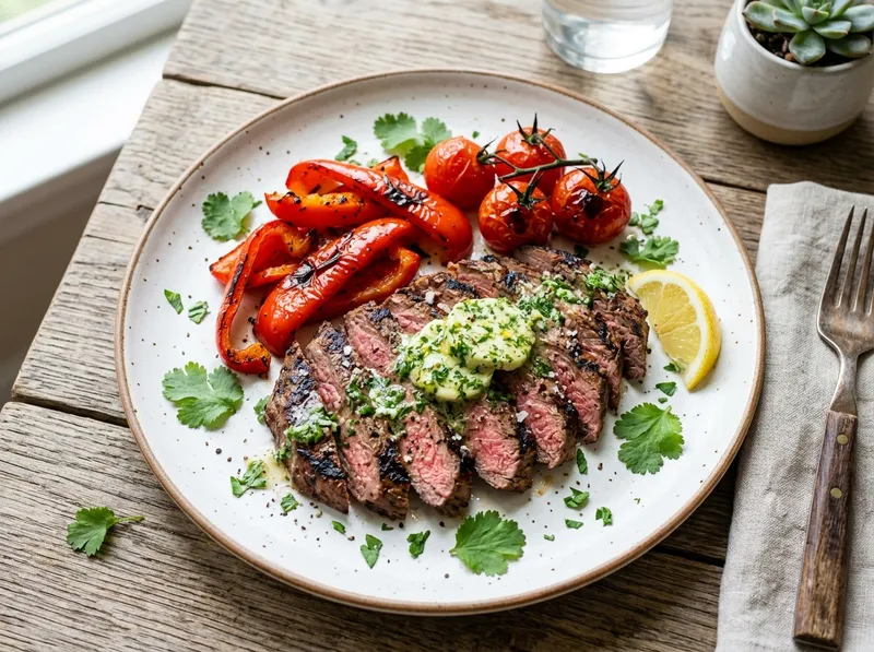 Gegrillte Rinder-Flanksteaks mit Koriander-Limetten-Butter und warmem Paprika-Tomaten-Salat